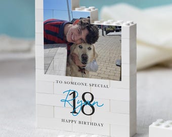 Personalised 18th Birthday Gifts for Him, Photo Building Block Keepsake for Son or Boy, Milestone Birthday Memory Gift