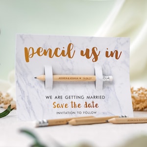 Bleistift in Save the Date einlädt | Rustikale Hochzeitseinladungen mit Karten, hölzernen Save the Dates, individueller personalisierter Hochzeit Moderner Magnet