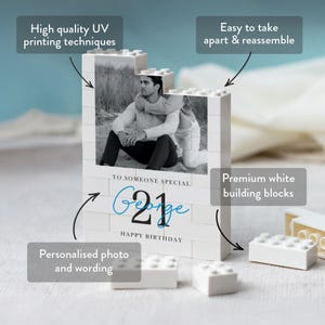 Regalo personalizzato per il 21° compleanno per lui, mattoncini da costruzione personalizzati con foto per figlio, ricordo del passaggio all'età adulta immagine 5