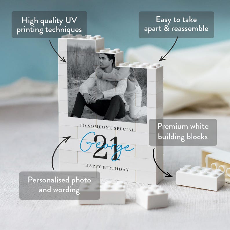 Regalo personalizzato per il 21° compleanno per lui, mattoncini da costruzione personalizzati con foto per figlio, ricordo del passaggio all'età adulta immagine 5