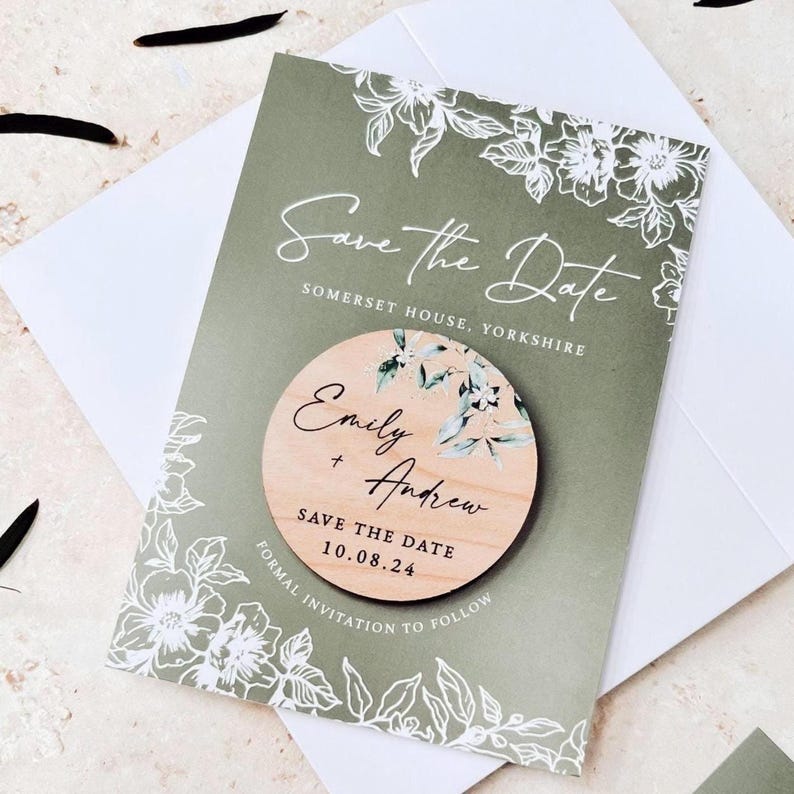 Save the Date Magnet with Cards | Sage Green Save the Date Wedding Magnets | Personalised Wood Save the Date or Evening | Botanical Invites image 1