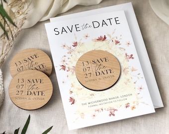 Imán para guardar la fecha con tarjetas / Imanes de boda personalizados / Imanes florales de madera para guardar la fecha o para la noche / Invitaciones económicas bohemias para guardar la fecha