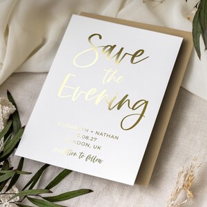 Sparen Sie die Abendkarten | Einfache Goldfolie Save the Date Karten | Minimalist Hochzeitsabend lädt ein | Moderne Abendeinladung Set ""Bali"""