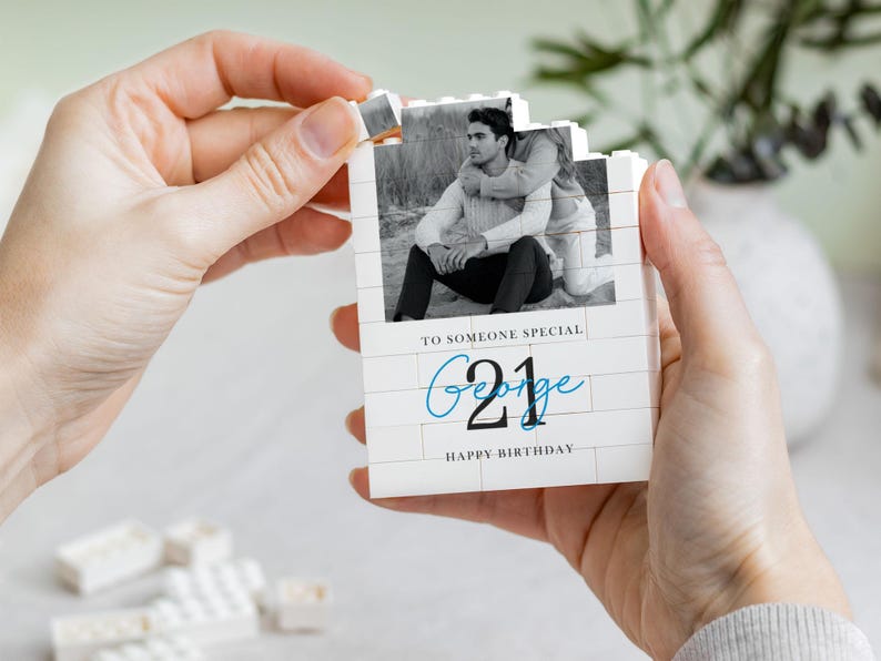 Regalo personalizzato per il 21° compleanno per lui, mattoncini da costruzione personalizzati con foto per figlio, ricordo del passaggio all'età adulta immagine 13