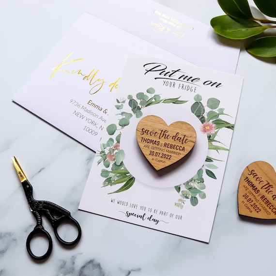 Save the Date Magnet Cards, Rustic Wedding Wood Heart With Unique Funny  Message Option, Custom Save the Dates Idea With Envelope Botanical 