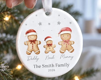 Personalised Gingerbread Family Of 3 Christmas Bauble 2026, Custom Names Family Ceramic Ornament, Parents & Child Tree Decoration