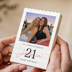 A person's hands holding a small white card with a photo of two smiling women on it. The card has text that reads "To a special friend Jessica Happy Birthday".