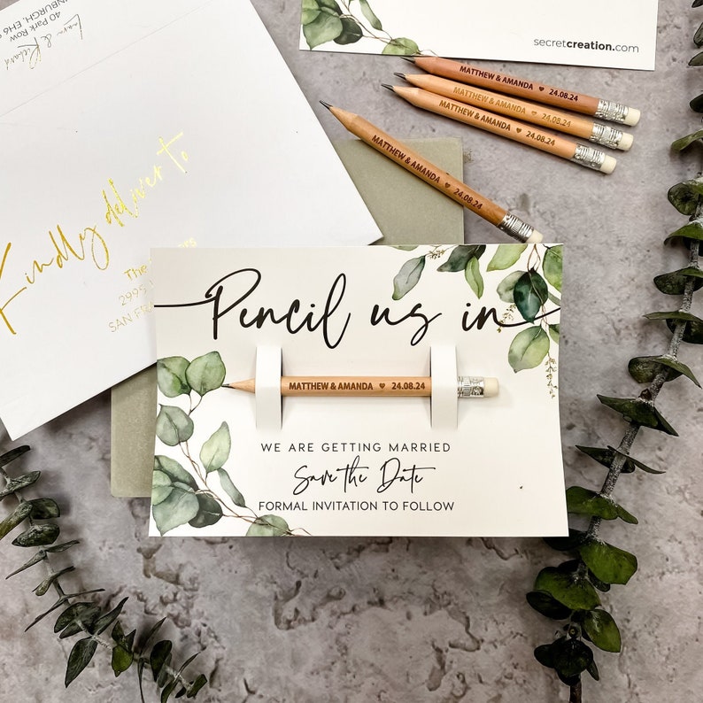 Save the Date Pencil Us In Personalised Engraved - Wedding Invitations - Rustic Greenery Botanical Backing Cards - Minimalist Save the Dates 