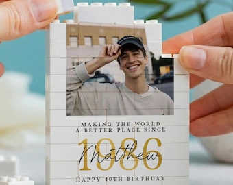 Personalised 40th Birthday Gift, Born In 1986 Photo Building Block Keepsake, Fortieth Milestone Memory