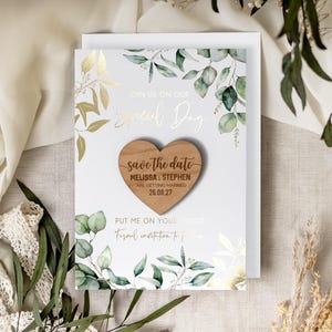 Save the Date Magnet with Cards, Foiled Unique Minimalist Wedding Invitations, Greenery Botanical Invites with Gold Leaf, Rustic Wooden image 6