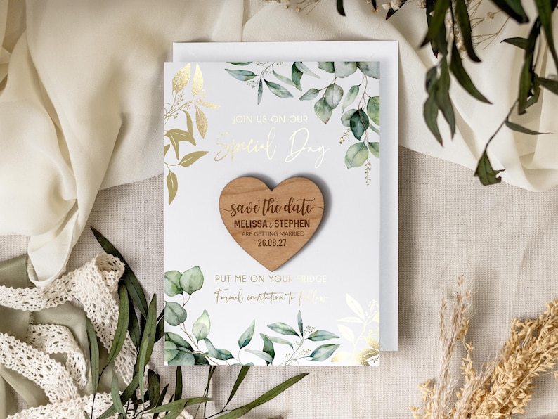 Save the Date Magnet with Cards, Foiled Unique Minimalist Wedding Invitations, Greenery Botanical Invites with Gold Leaf, Rustic Wooden image 6