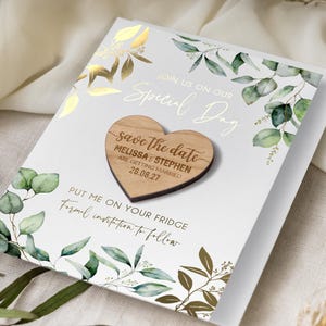 Save the date magnet with cards, foiled unique minimalist wedding invitation, greenery eucalyptus botanical with gold leaf, rustic wooden
