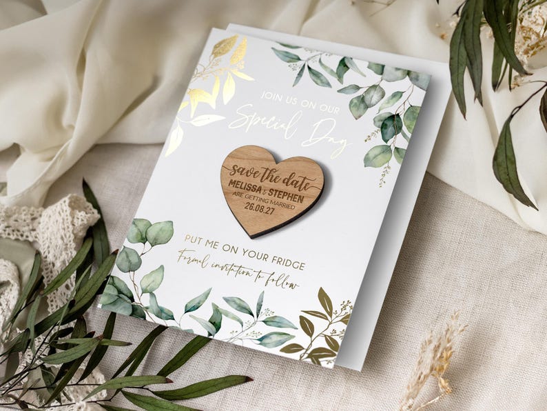 Save the Date Magnet Cards | Foil Wedding Invitations, Rustic Magnet Heart, Personalised Greenery Invites, Custom Floral Save the Dates image 6