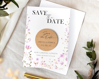 Save the Date Magnet with Cards | Wildflower Floral Wedding Magnets | Rustic Wood Save the Date or Evening | Modern Save the Dates Invites