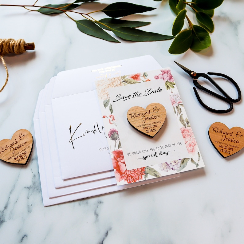 Wedding Save the Dates Magnet Cards, Rustic Wooden Save the Date, Personalised Save the Evening, Wedding Invite with FREE Envelope, Floral image 2