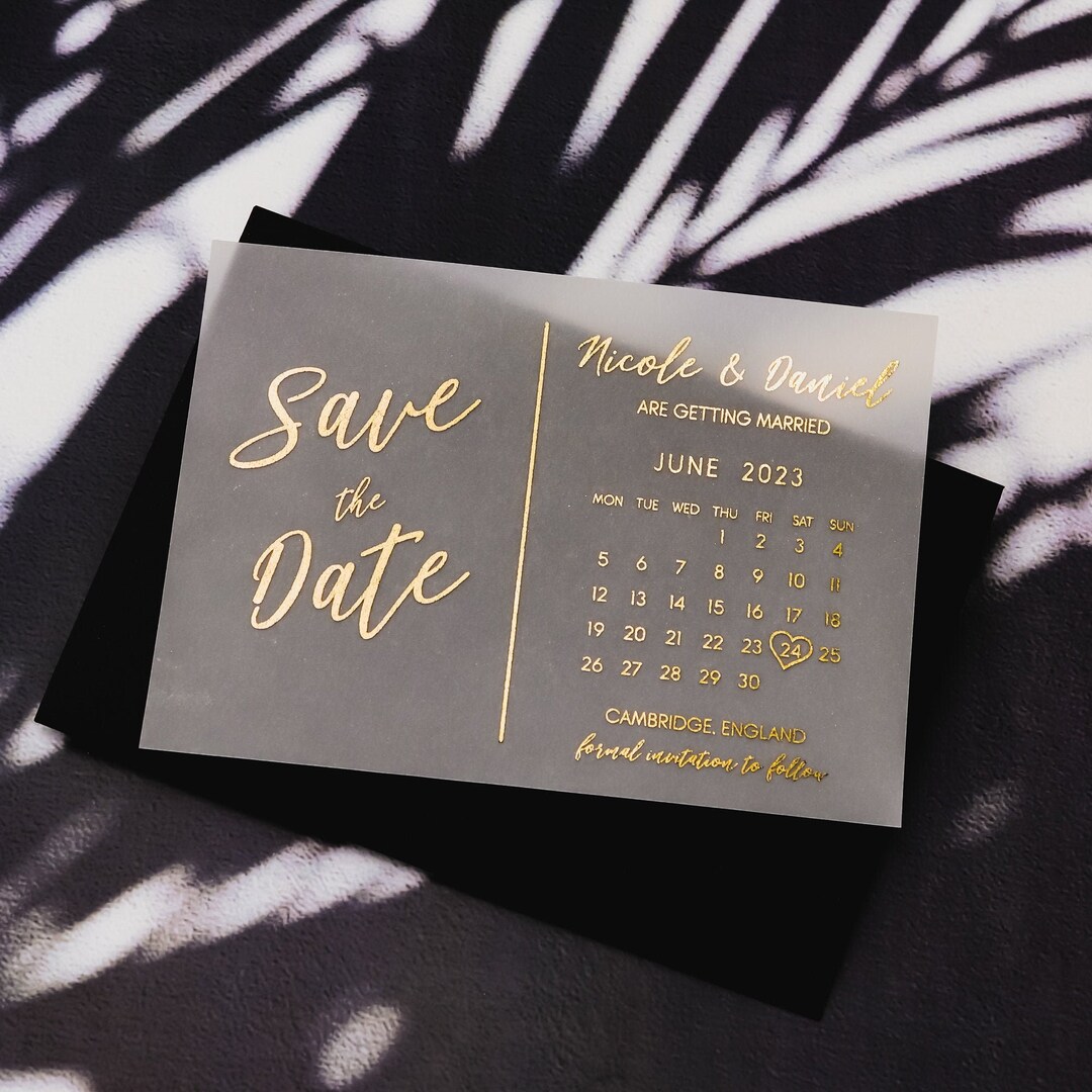 Foil Save the Date Vellum Calendar Cards, Modern Foiled Wedding Invite