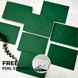 Sobres verde bosque C6 o C5, sobres de lujo verde oscuro para invitaciones de boda, sobres para guardar la fecha o RSVP (tamaño A6 o A5), pegatinas de aluminio gratis.