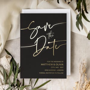 Tarjeta negra con estampado metálico para guardar la fecha, minimalista, personalizada, invitación de boda, "Milano"