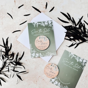 Save the Date Magnet with Cards | Sage Green Save the Date Wedding Magnets | Personalised Wood Save the Date or Evening | Botanical Invites image 5