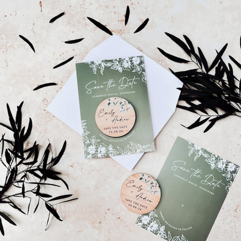 Save the Date Magnet with Cards | Sage Green Save the Date Wedding Magnets | Personalised Wood Save the Date or Evening | Botanical Invites image 5