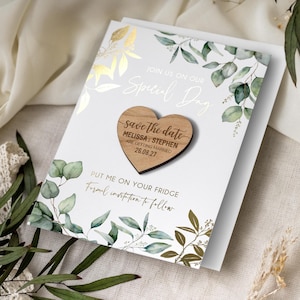 Save the date magnet with cards, foiled unique minimalist wedding invitation, greenery eucalyptus botanical with gold leaf, rustic wooden