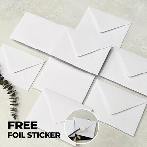 Cotton White C6, 5x7 or C5 Envelopes, Luxury White Wedding Invitations Envelope, Save the Dates or RSVP A6 A5 Envelopes, Free Foil Stickers