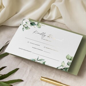 Wedding RSVP Cards Invites | Botanical Detail Card with Envelopes | Greenery with Gold Foil Wedding Response Card "Florence"
