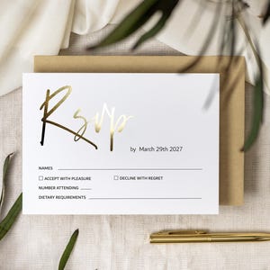 結婚式の返信カード招待状 | 封筒付き詳細カード | 金箔押し結婚式の返信カード | ローズゴールドとシルバーの箔押しオプション「ドバイ」