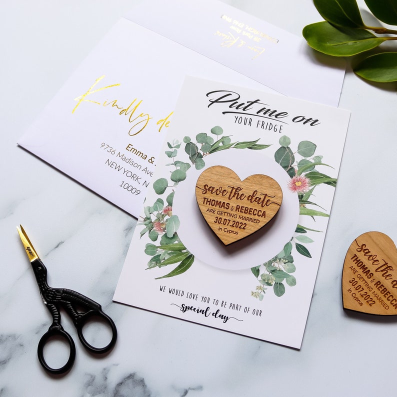 Save the Date Magnet + Cards, rustic wedding wood heart with unique funny message option, custom save the dates idea with Envelope Botanical 