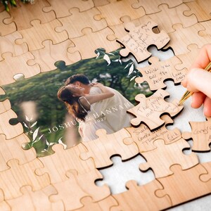 How-to-order and personalisation guide for the custom UV-printed wooden photo wedding puzzle guestbook, showing how to choose your puzzle piece count, custom wording, and matching sign.
