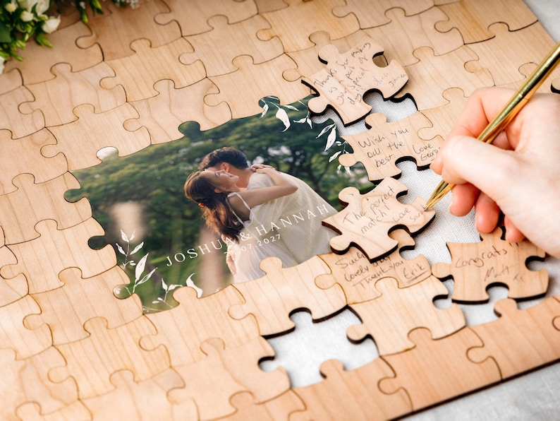 How-to-order and personalisation guide for the custom UV-printed wooden photo wedding puzzle guestbook, showing how to choose your puzzle piece count, custom wording, and matching sign.