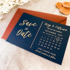 Save the Date Foil Calendar Cards Navy Blue, Wedding Postcard Invites Real Foil Invitations, Custom Save the Dates - FREE envelopes  "Dubai"