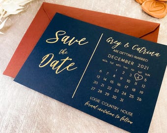Save the Date Foil Calendar Cards Navy Blue, Wedding Postcard Invites Real Foil Invitations, Custom Save the Dates - FREE envelopes  &quot;Dubai&quot;