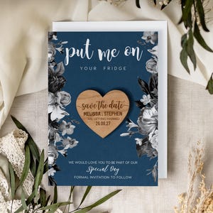 Save the Date Magnet + Cards | Rustic Wedding Wood Heart, Personalised Wedding Invites Custom Save the Dates with Envelope, Navy Blue Floral