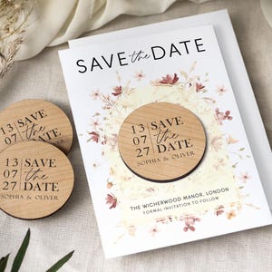 Save the Date-magneet met kaarten | Gepersonaliseerde trouwmagneten | Bloemenhout: Save the Date of Evening | Goedkope boho-uitnodigingen voor save-the-dates