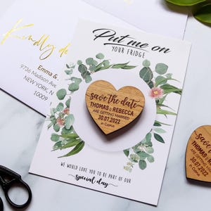 Save the Date Magnet + Cards, rustic wedding wood heart with unique funny message option, custom save the dates idea with Envelope Botanical