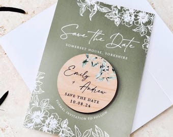 Save the Date Magnet with Cards | Sage Green Save the Date Wedding Magnets | Personalised Wood Save the Date or Evening | Botanical Invites