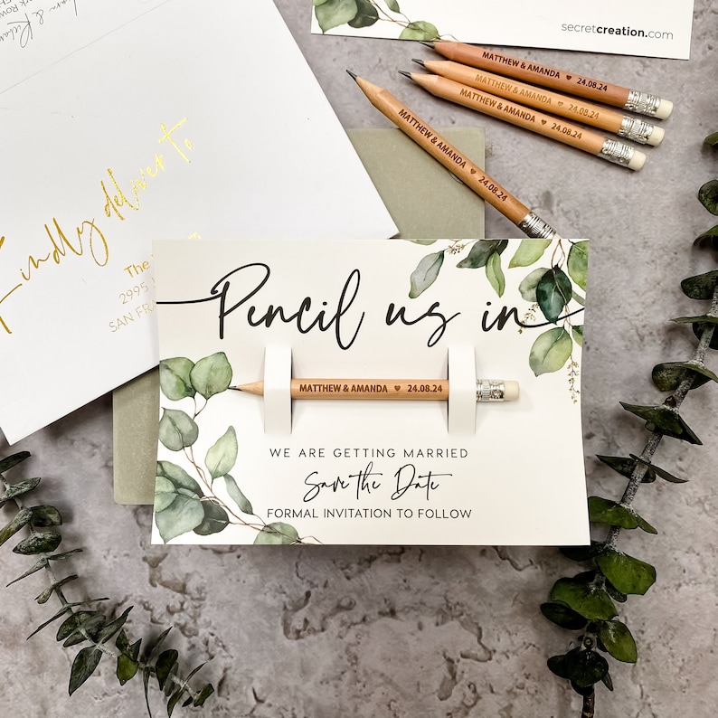 Pencil Us In Save the Date Invites Rustic Wedding Invitations with Cards, Wooden Save the Dates, Custom Personalised Wedding Modern Magnet image 4