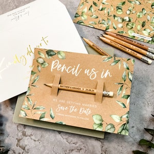 Pencil Us In Wedding Invitations Rustic Save The Date Cards, Personalised Custom Engraved Pencils Favour, Wedding Gift, Boho Wedding image 6