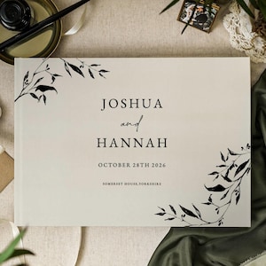 Personalised Greenery Wedding Guest Book, Neutral Hardback Guestbook with Venue, Wedding Scrapbook, Christmas Wedding Guest Book