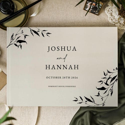 Personalised Greenery Wedding Guest Book, Neutral Hardback Guestbook with Venue, Wedding Scrapbook, Christmas Wedding Guest Book