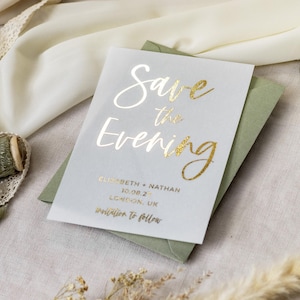 Save the Evening Cards | Vellum Gold  Foil Save the Date Cards | Minimalist Wedding Evening Dinner Invites | Modern Invitation Suite "Bali"