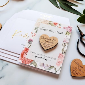 Wedding Save the Dates Magnet + Cards, Rustic Wooden Save the Date, Personalised Save the Evening, Wedding Invite with FREE Envelope, Floral