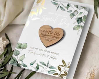 Save the date magnet with cards, foiled unique minimalist wedding invitation, greenery eucalyptus botanical with gold leaf, rustic wooden