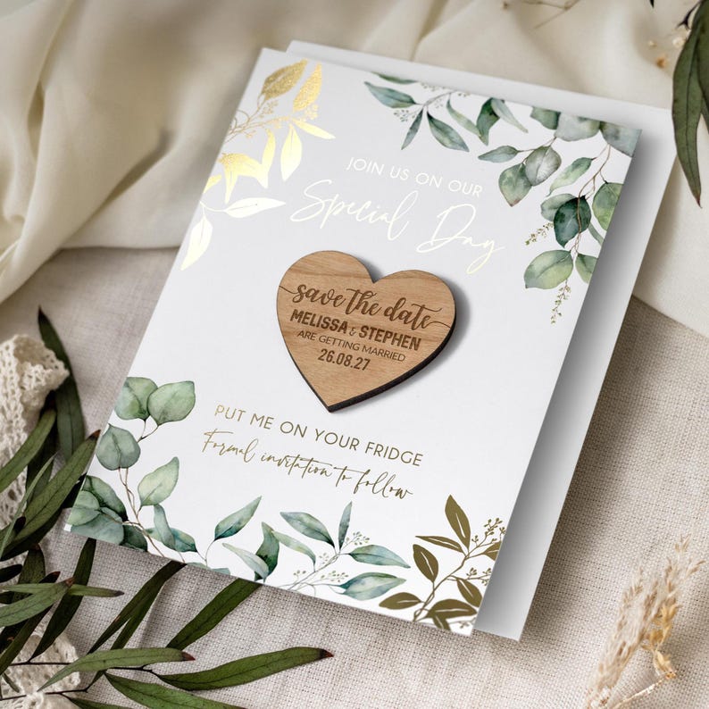 Save the Date Magnet with Cards, Foiled Unique Minimalist Wedding Invitations, Greenery Botanical Invites with Gold Leaf, Rustic Wooden image 1
