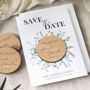 Save the Dates-magneet met kaarten | Groene botanische bruiloftsmagneten | Wood Save the Date of Evening | Aangepaste Save our Dates-uitnodigingen