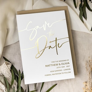 Foil Save the Date Card, White Minimalist Save the Date Cards, Custom Save the Dates, Simple Wedding Invitation, Invites, Envelopes "Milano"