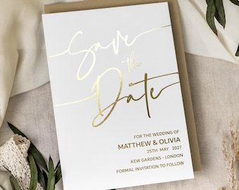 Foil Save the Date Card, White Minimalist Save the Date Cards, Custom Save the Dates, Simple Wedding Invitation, Invites, Envelopes &quot;Milano&quot;