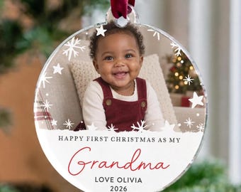 Personalised Grandma First Christmas Photo Bauble 2026, New Grandma Gift From Baby, Grandchild Keepsake For Nan, Christmas Tree Ornament