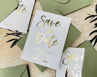 Cartes "Retenez cette date" en feuille d'or | Réservez votre date | Faire-part de mariage minimaliste personnalisé | Suite de faire-part moderne « Bali »